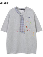 XPKAEAX Plaid Faux Tie Patchwork Cartoon Print Women's Short Sleeve T-shirts