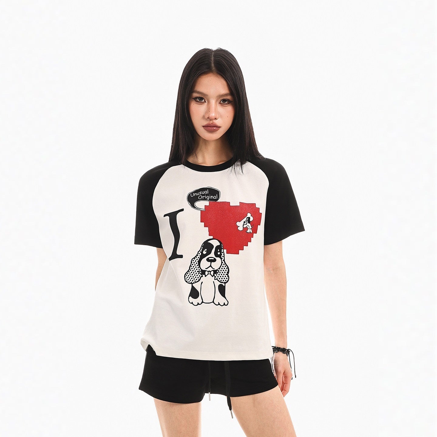 XPKAEAX Polka Dot Dog Print Contrast Vintage Women's Other Fabric Short Sleeve T-shirts 1020110998797