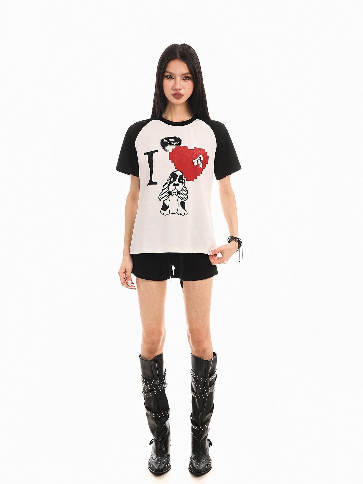 XPKAEAX Polka Dot Dog Print Contrast Vintage Women's Other Fabric Short Sleeve T-shirts