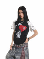 XPKAEAX Polka Dot Dog Print Contrast Vintage Women's Other Fabric Short Sleeve T-shirts