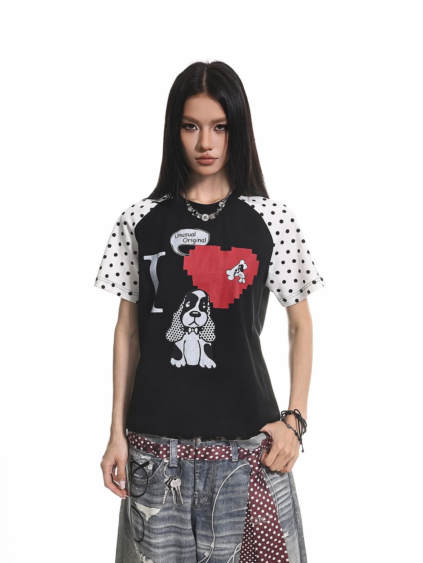 XPKAEAX Polka Dot Dog Print Contrast Vintage Women's Other Fabric Short Sleeve T-shirts