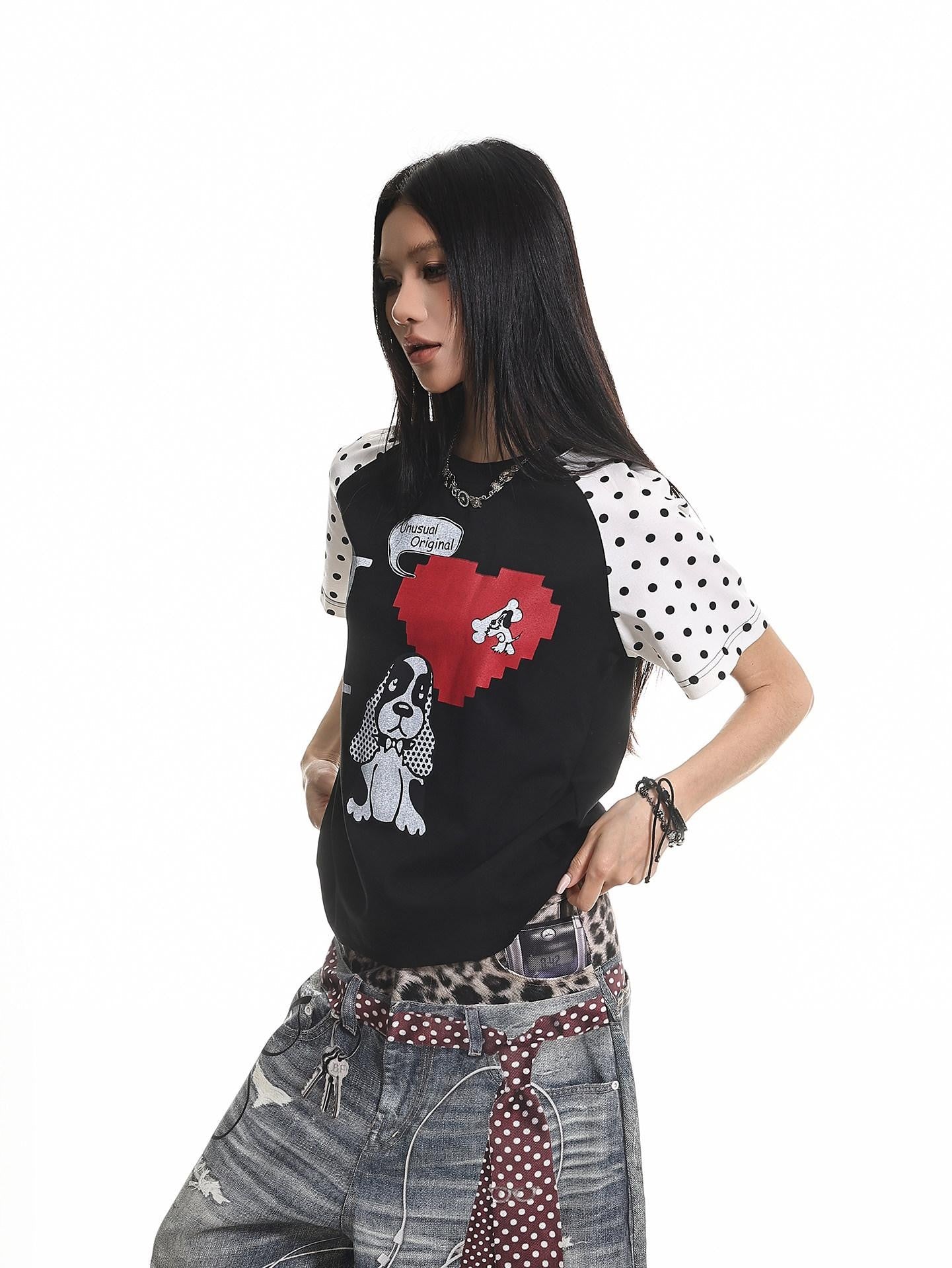 XPKAEAX Polka Dot Dog Print Contrast Vintage Women's Other Fabric Short Sleeve T-shirts