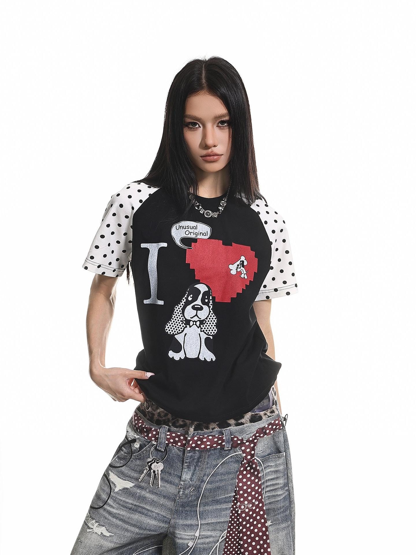 XPKAEAX Polka Dot Dog Print Contrast Vintage Women's Other Fabric Short Sleeve T-shirts