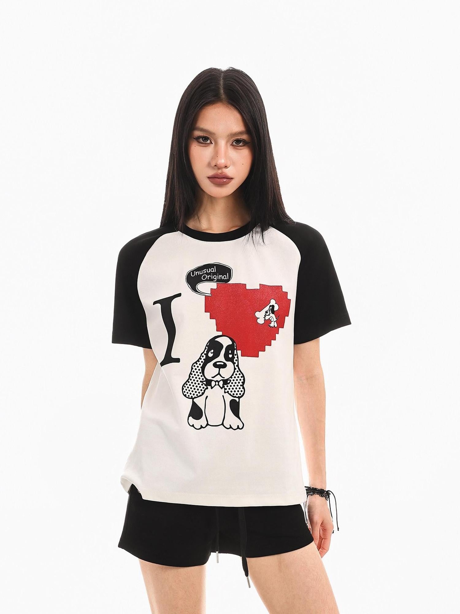 XPKAEAX Polka Dot Dog Print Contrast Vintage Women's Other Fabric Short Sleeve T-shirts