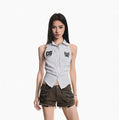 XPKAEAX Printed Striped Tie Sleeveless Collared Slim Cropped Women's Blouses 1034724578988
