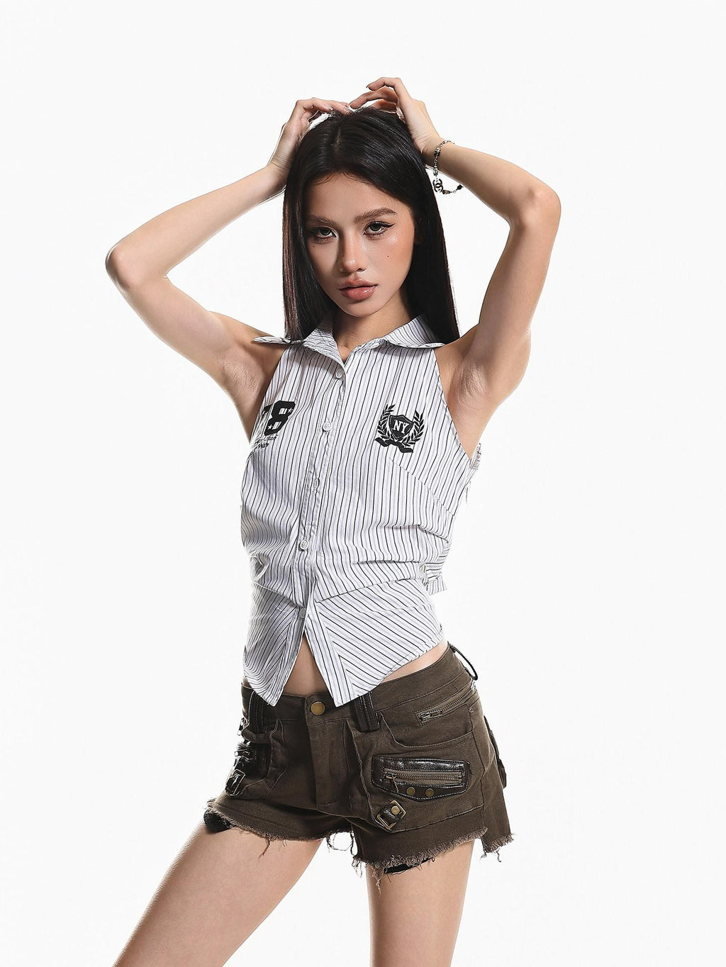 XPKAEAX Printed Striped Tie Sleeveless Collared Slim Cropped Women's Blouses