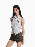 XPKAEAX Printed Striped Tie Sleeveless Collared Slim Cropped Women's Blouses