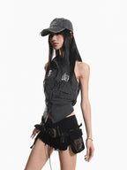 XPKAEAX Printed Striped Tie Sleeveless Collared Slim Cropped Women's Blouses