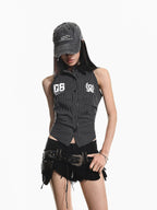 XPKAEAX Printed Striped Tie Sleeveless Collared Slim Cropped Women's Blouses
