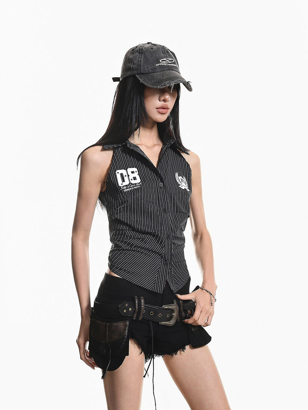 XPKAEAX Printed Striped Tie Sleeveless Collared Slim Cropped Women's Blouses