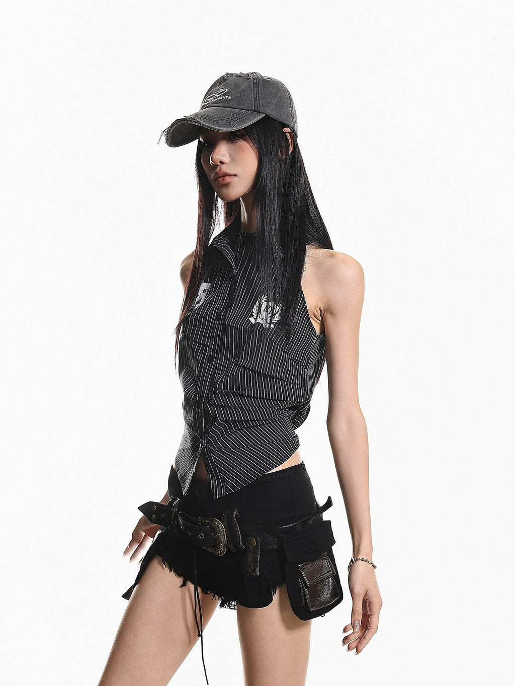 XPKAEAX Printed Striped Tie Sleeveless Collared Slim Cropped Women's Blouses