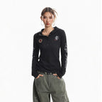 XPKAEAX Retro Badge Print Hooded Button Women's Other Fabric Long Sleeve T-shirts 1014602902041