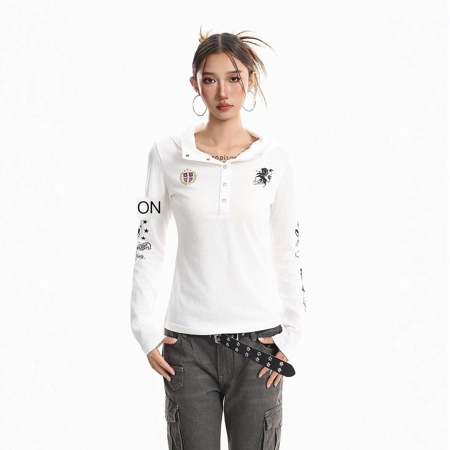 XPKAEAX Retro Badge Print Hooded Button Women's Other Fabric Long Sleeve T-shirts 1014602902041