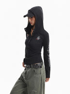 XPKAEAX Retro Badge Print Hooded Button Women's Other Fabric Long Sleeve T-shirts