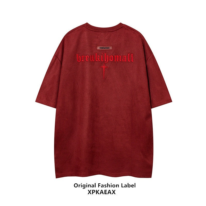 XPKAEAX Retro Letter Embroidery Drop Shoulder Women's Suede Short Sleeve T-shirts 703168408094