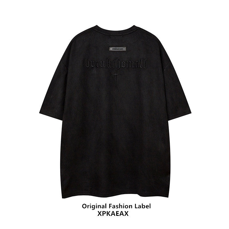 XPKAEAX Retro Letter Embroidery Drop Shoulder Women's Suede Short Sleeve T-shirts 703168408094
