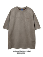XPKAEAX Retro Letter Embroidery Drop Shoulder Women's Suede Short Sleeve T-shirts