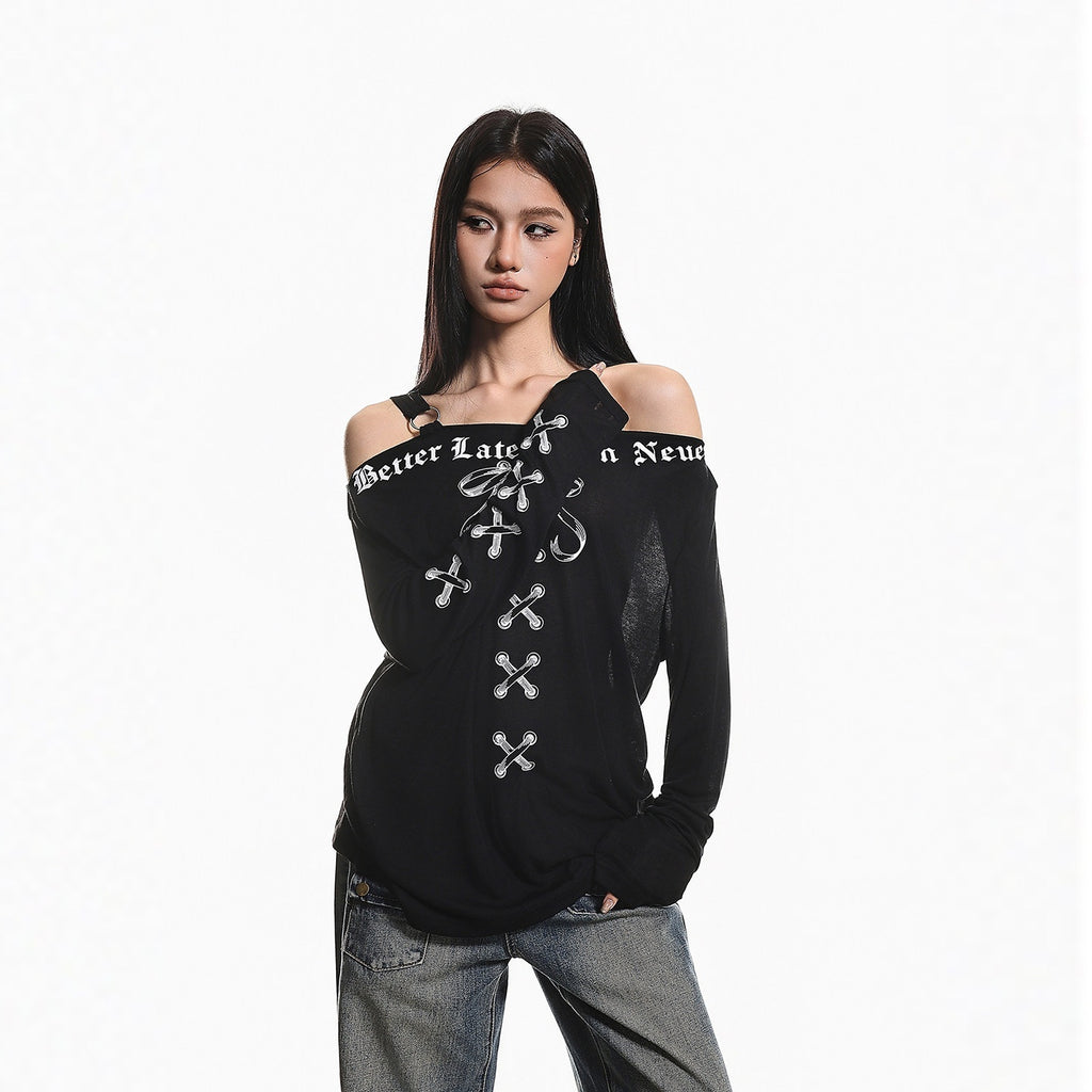 XPKAEAX Retro Letter Print Bow Off Shoulder Women's Loose Long Sleeve T-shirts 1030768234600