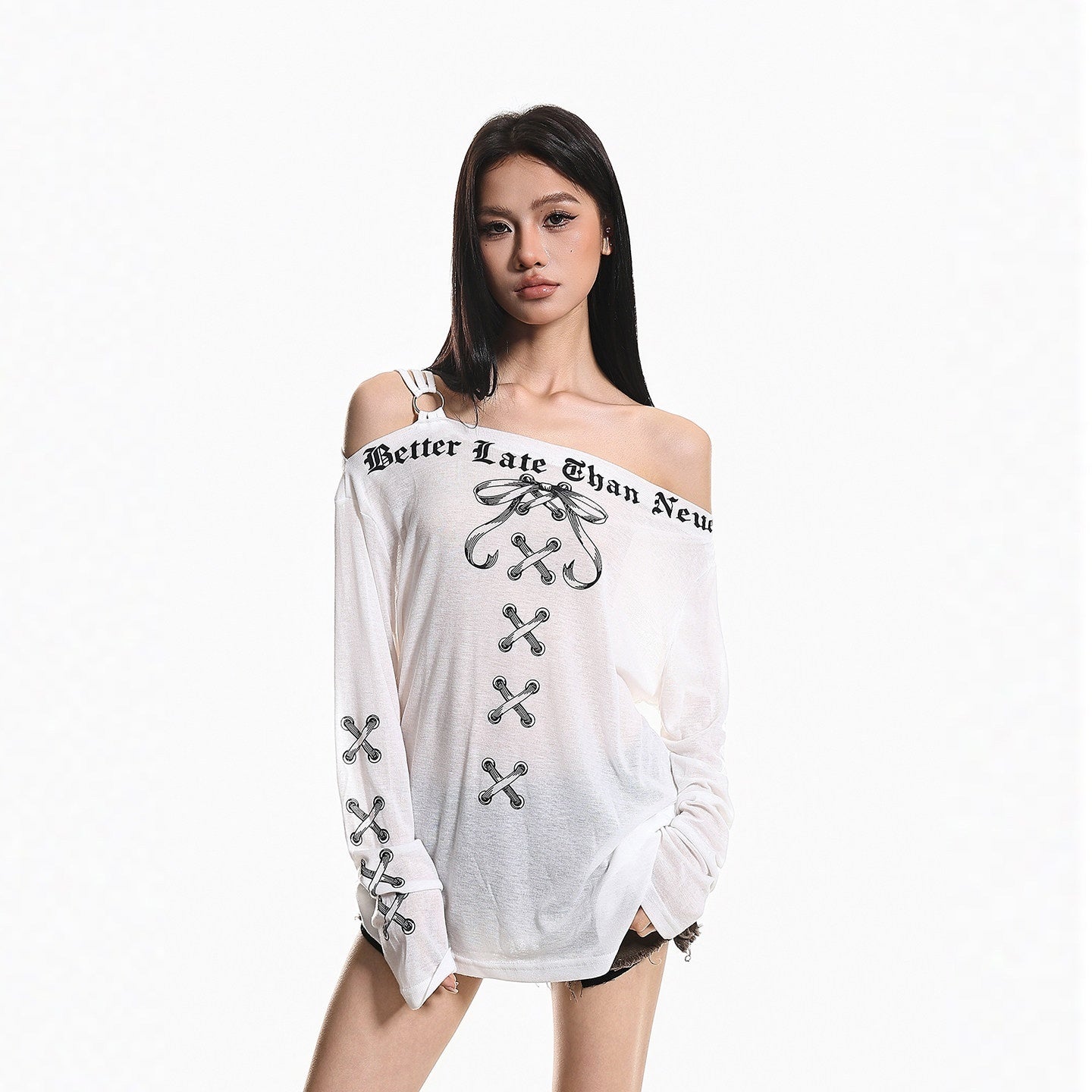 XPKAEAX Retro Letter Print Bow Off Shoulder Women's Loose Long Sleeve T-shirts 1030768234600
