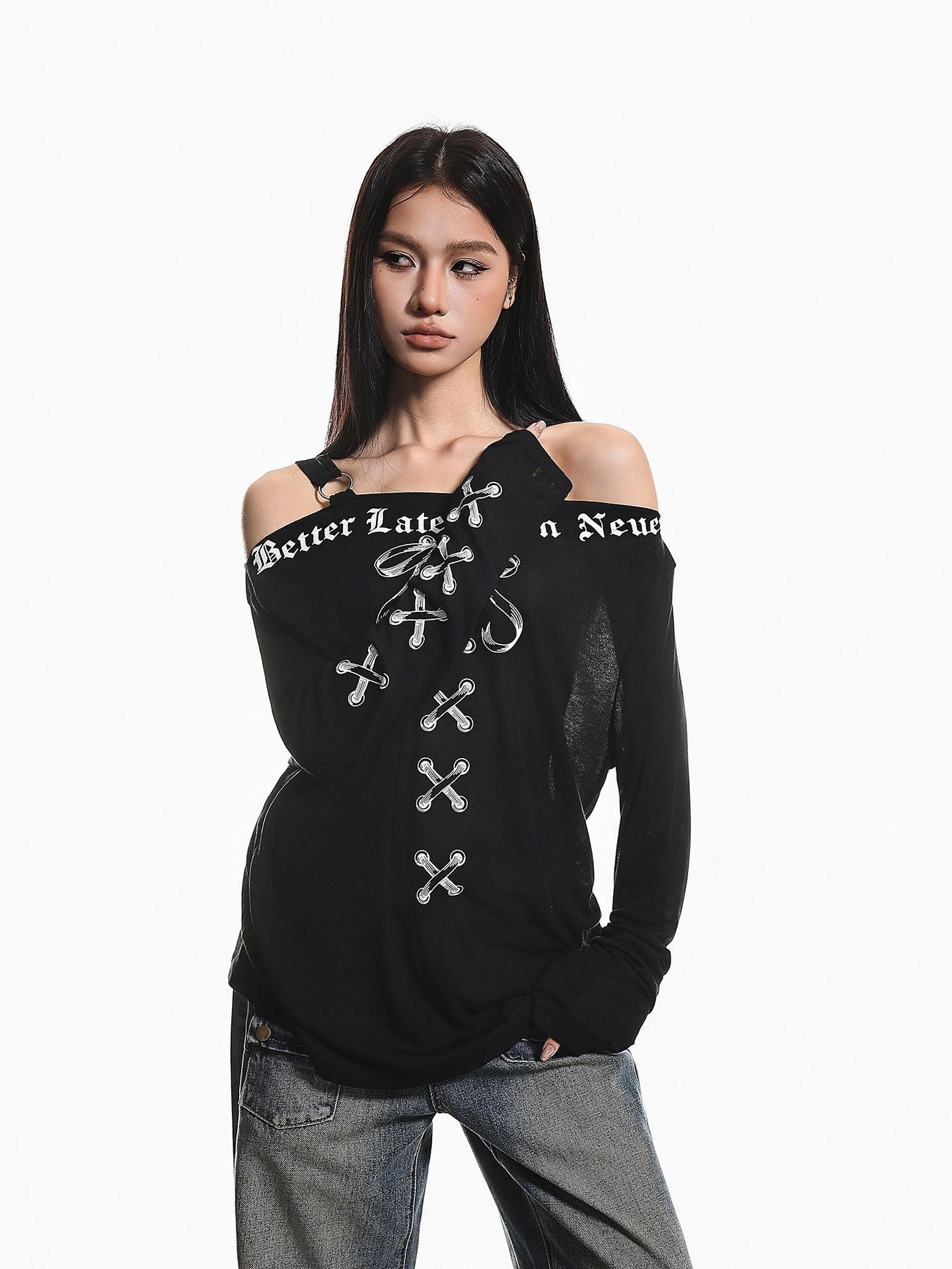 XPKAEAX Retro Letter Print Bow Off Shoulder Women's Loose Long Sleeve T-shirts