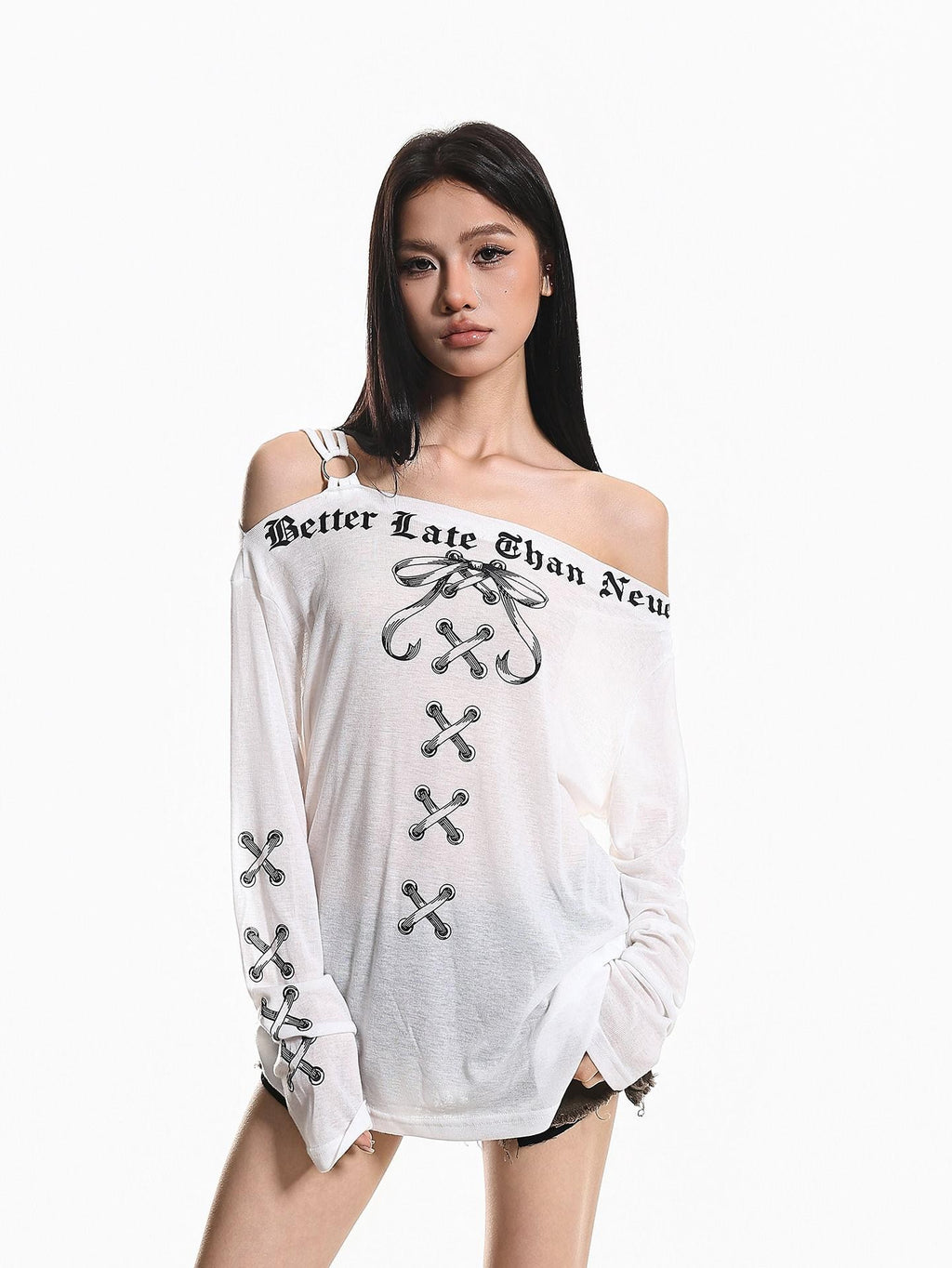 XPKAEAX Retro Letter Print Bow Off Shoulder Women's Loose Long Sleeve T-shirts