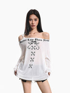 XPKAEAX Retro Letter Print Bow Off Shoulder Women's Loose Long Sleeve T-shirts