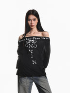 XPKAEAX Retro Letter Print Bow Off Shoulder Women's Loose Long Sleeve T-shirts
