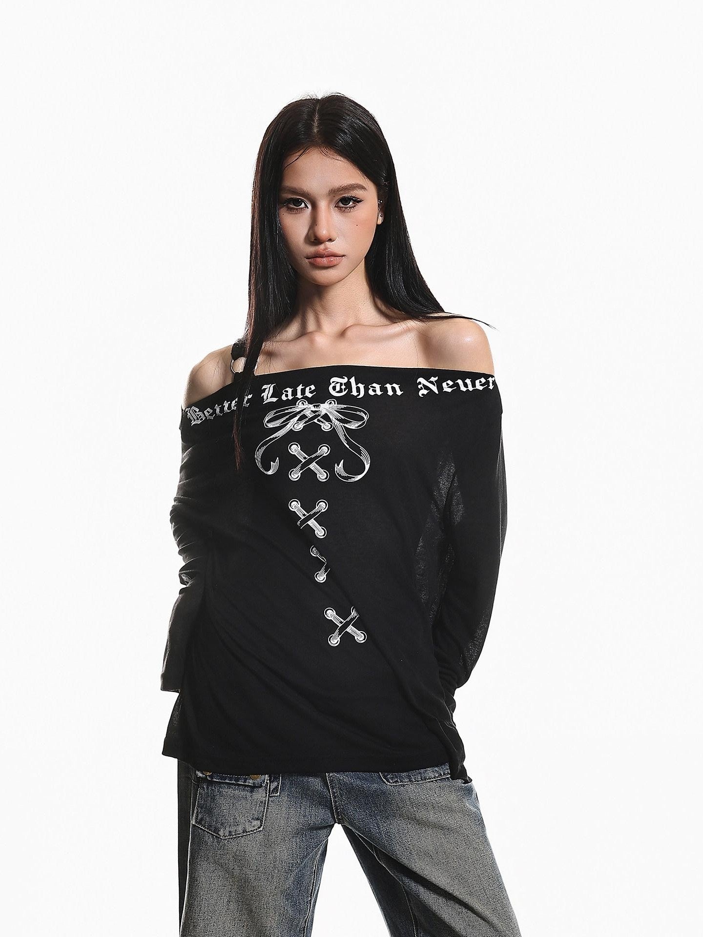 XPKAEAX Retro Letter Print Bow Off Shoulder Women's Loose Long Sleeve T-shirts