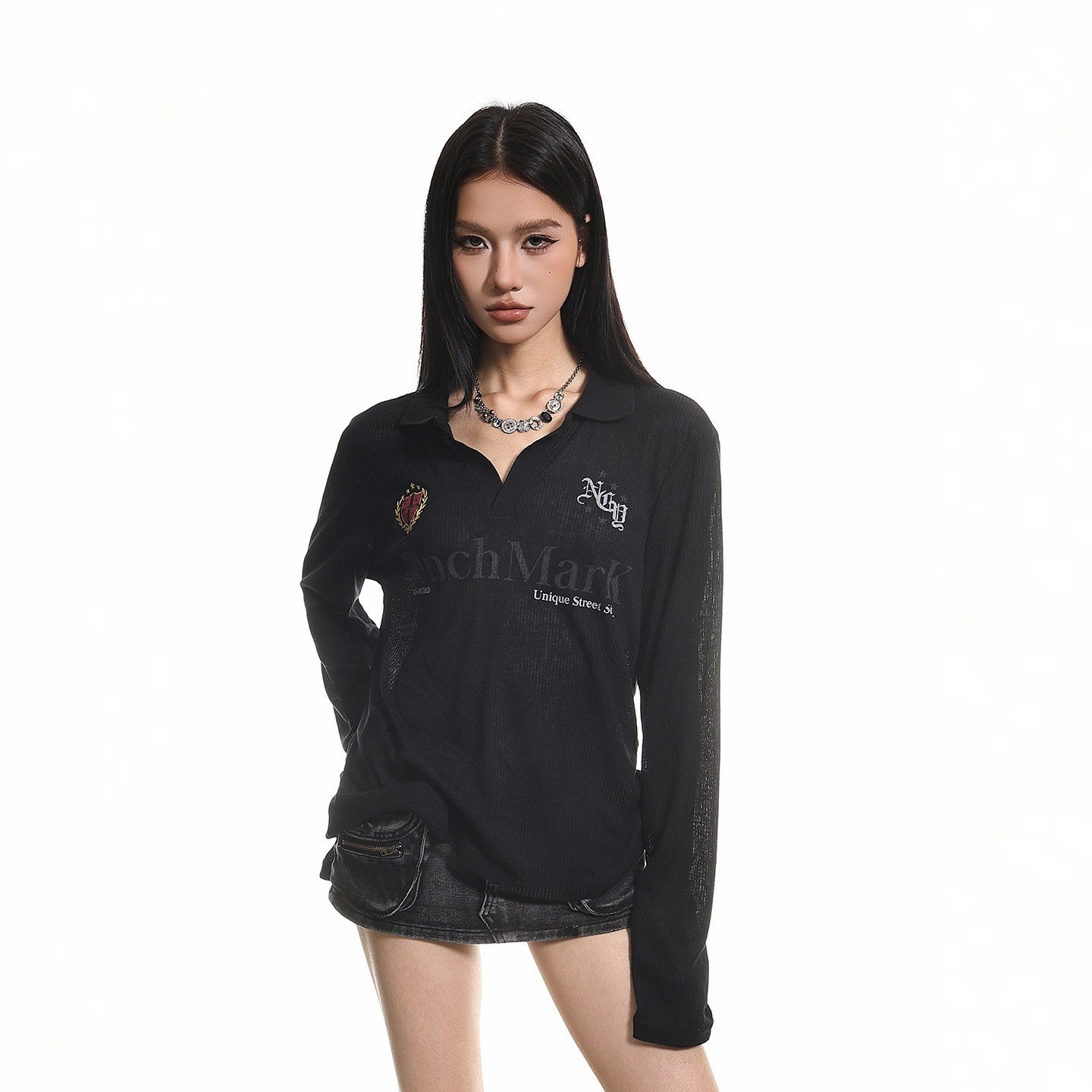XPKAEAX Retro Letter Print Polo Collar Loose Women's Poly Cotton Long Sleeve T-shirts 1025788593307