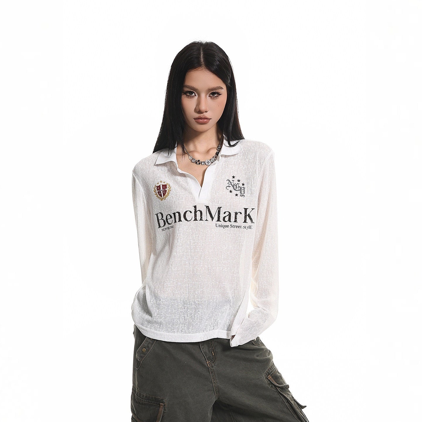 XPKAEAX Retro Letter Print Polo Collar Loose Women's Poly Cotton Long Sleeve T-shirts 1025788593307