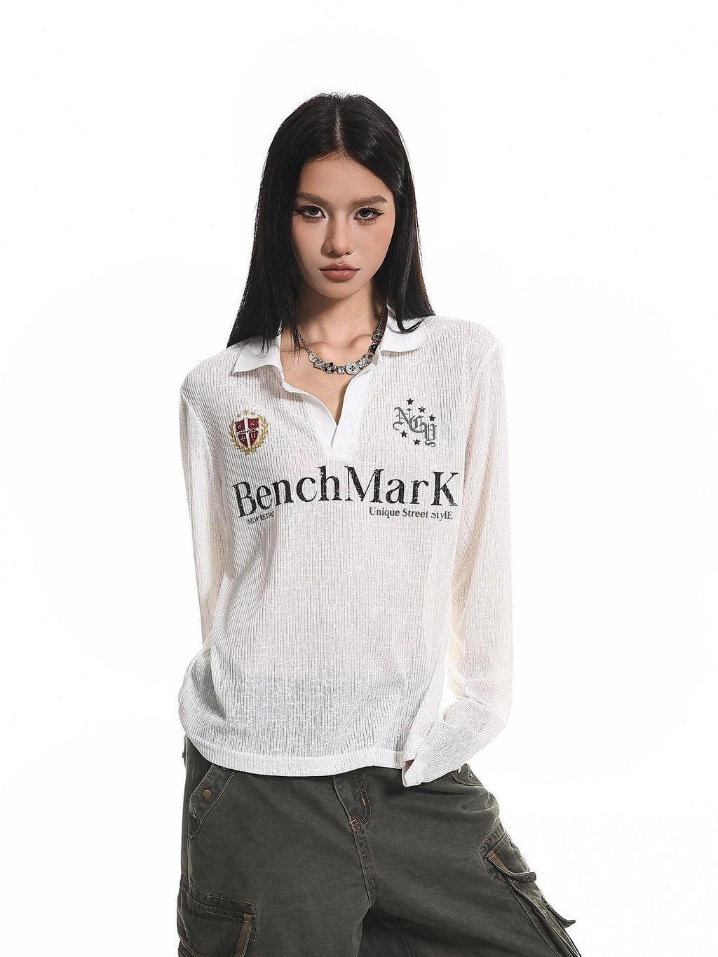 XPKAEAX Retro Letter Print Polo Collar Loose Women's Poly Cotton Long Sleeve T-shirts