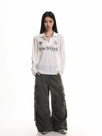 XPKAEAX Retro Letter Print Polo Collar Loose Women's Poly Cotton Long Sleeve T-shirts