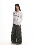 XPKAEAX Retro Letter Print Polo Collar Loose Women's Poly Cotton Long Sleeve T-shirts