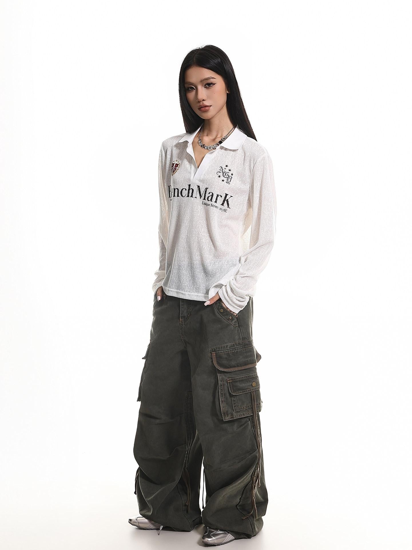 XPKAEAX Retro Letter Print Polo Collar Loose Women's Poly Cotton Long Sleeve T-shirts