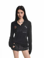 XPKAEAX Retro Letter Print Polo Collar Loose Women's Poly Cotton Long Sleeve T-shirts
