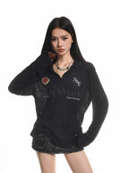 XPKAEAX Retro Letter Print Polo Collar Loose Women's Poly Cotton Long Sleeve T-shirts
