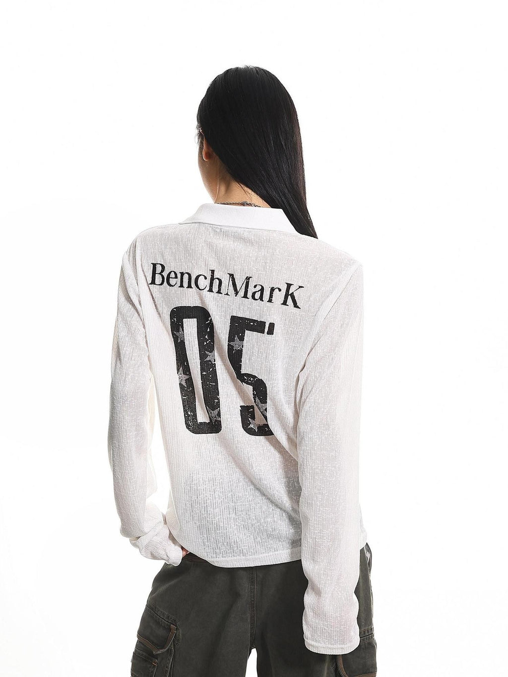 XPKAEAX Retro Letter Print Polo Collar Loose Women's Poly Cotton Long Sleeve T-shirts