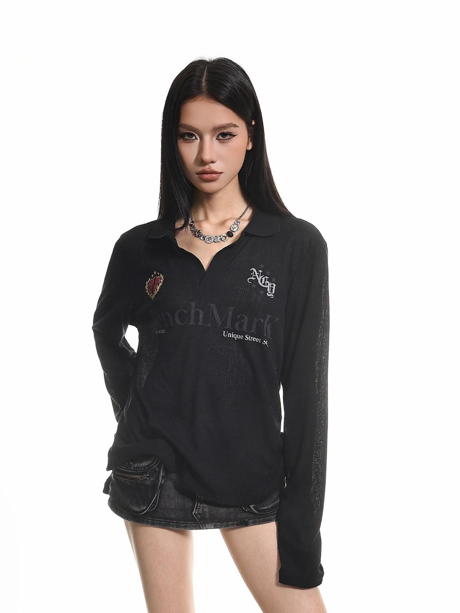 XPKAEAX Retro Letter Print Polo Collar Loose Women's Poly Cotton Long Sleeve T-shirts
