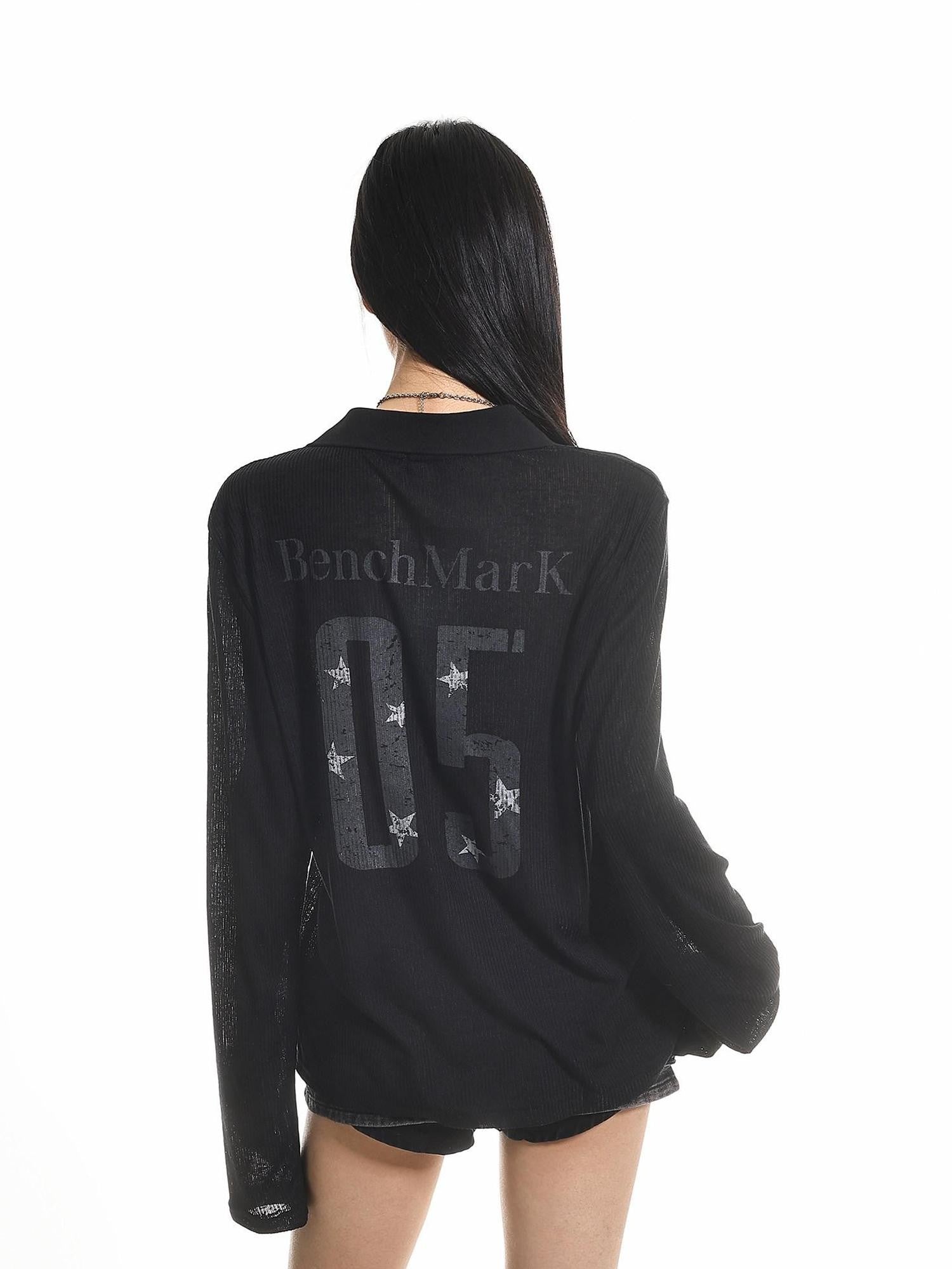 XPKAEAX Retro Letter Print Polo Collar Loose Women's Poly Cotton Long Sleeve T-shirts