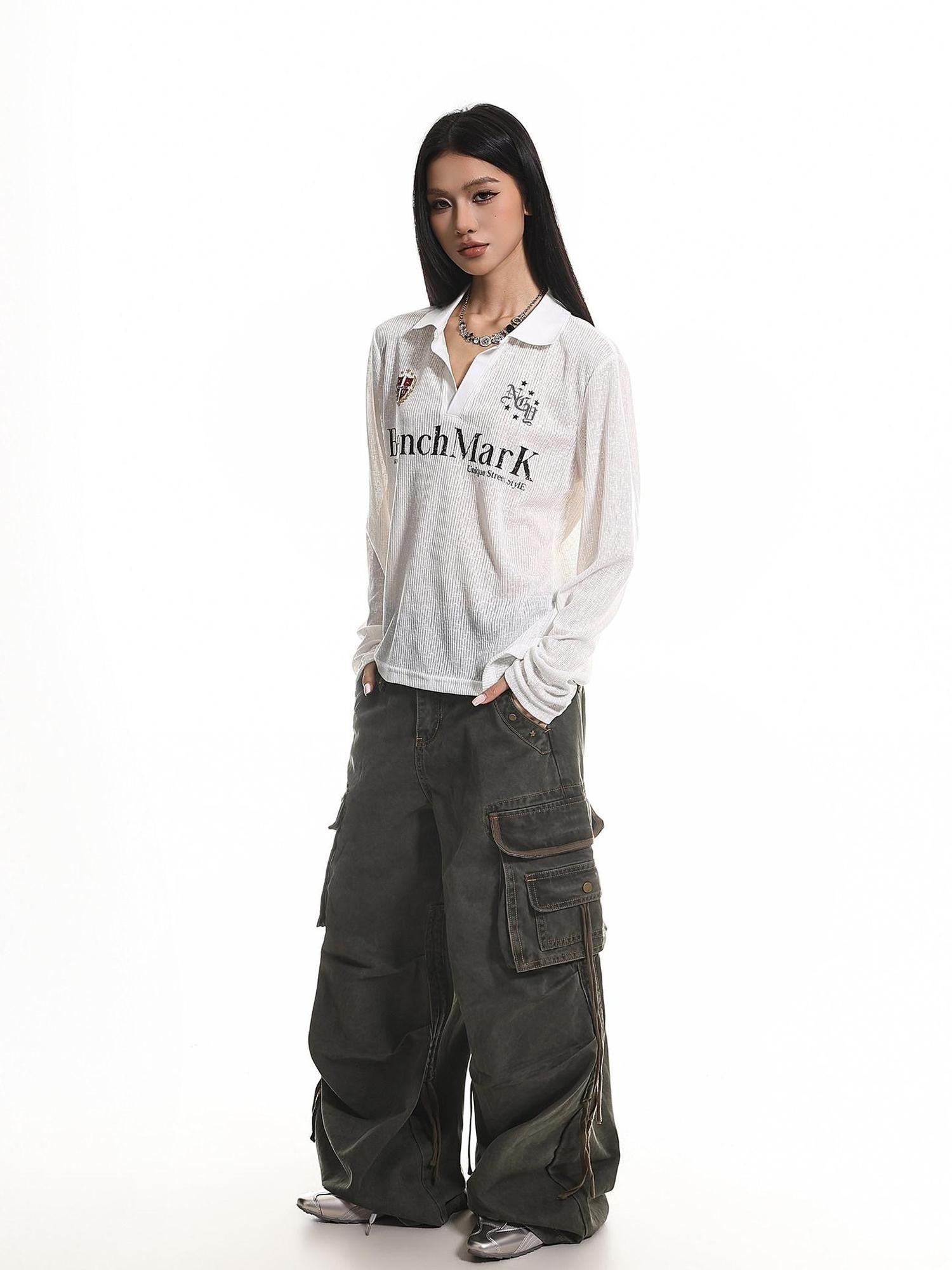 XPKAEAX Retro Letter Print Polo Collar Loose Women's Poly Cotton Long Sleeve T-shirts