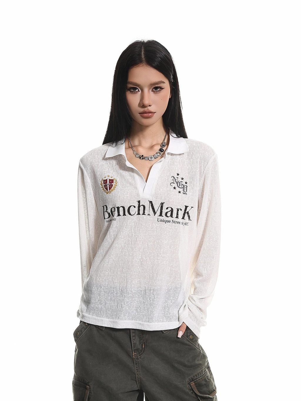 XPKAEAX Retro Letter Print Polo Collar Loose Women's Poly Cotton Long Sleeve T-shirts
