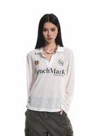 XPKAEAX Retro Letter Print Polo Collar Loose Women's Poly Cotton Long Sleeve T-shirts