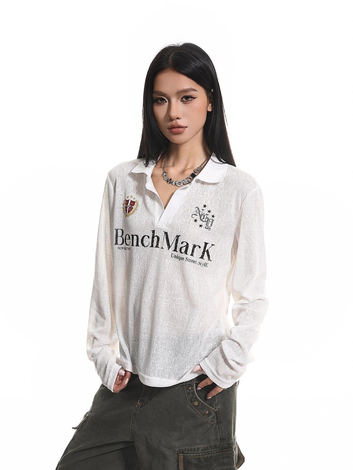 XPKAEAX Retro Letter Print Polo Collar Loose Women's Poly Cotton Long Sleeve T-shirts