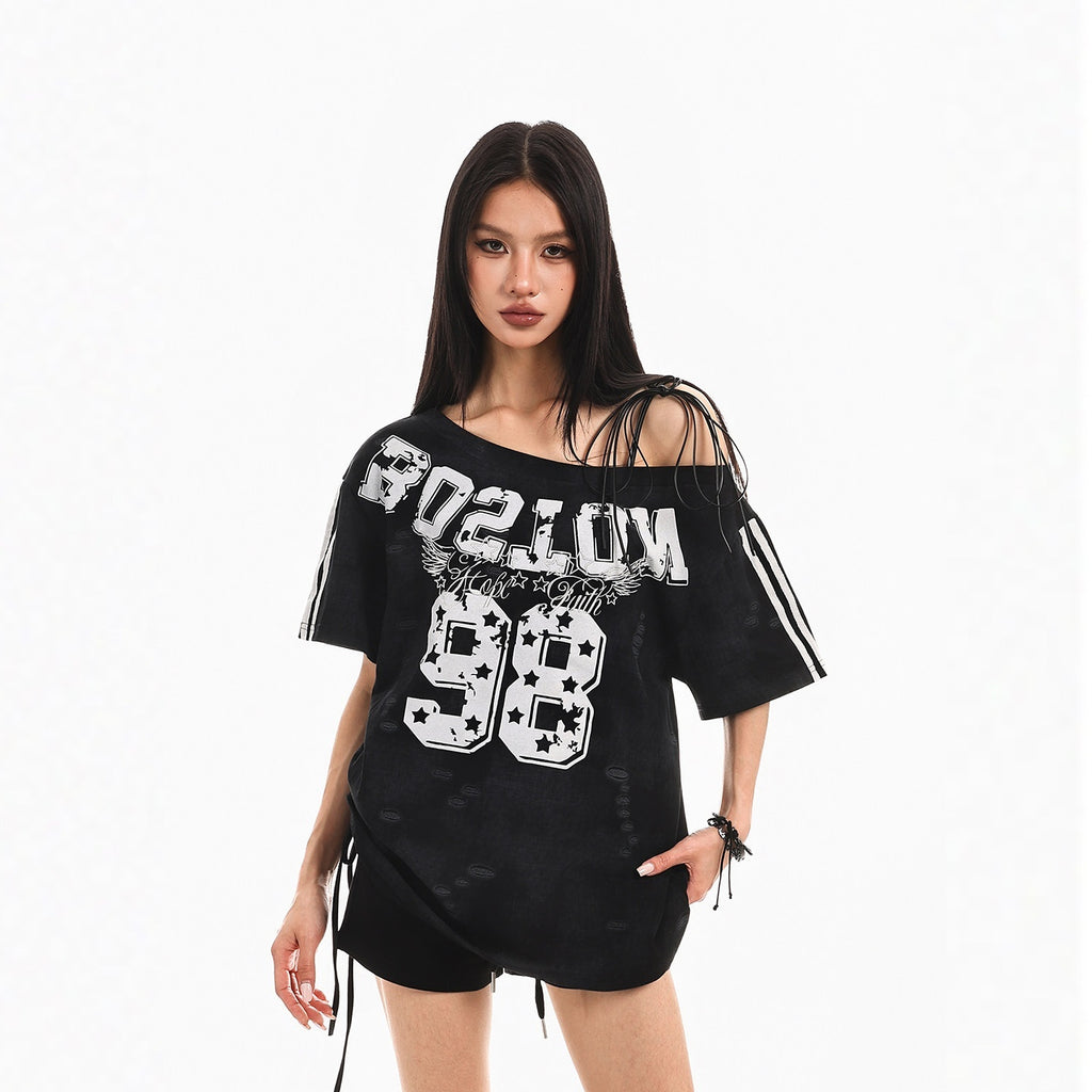 XPKAEAX Retro Print Distressed Tie One Shoulder Women's Breathable Short Sleeve T-shirts 1019468279811