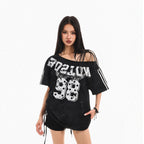 XPKAEAX Retro Print Distressed Tie One Shoulder Women's Breathable Short Sleeve T-shirts 1019468279811
