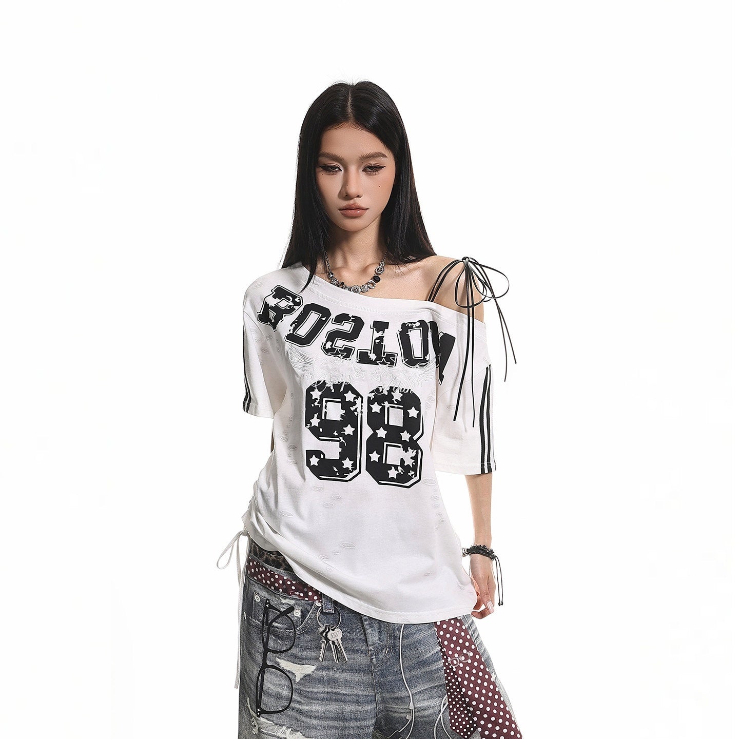 XPKAEAX Retro Print Distressed Tie One Shoulder Women's Breathable Short Sleeve T-shirts 1019468279811