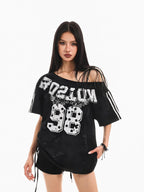 XPKAEAX Retro Print Distressed Tie One Shoulder Women's Breathable Short Sleeve T-shirts
