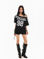 XPKAEAX Retro Print Distressed Tie One Shoulder Women's Breathable Short Sleeve T-shirts
