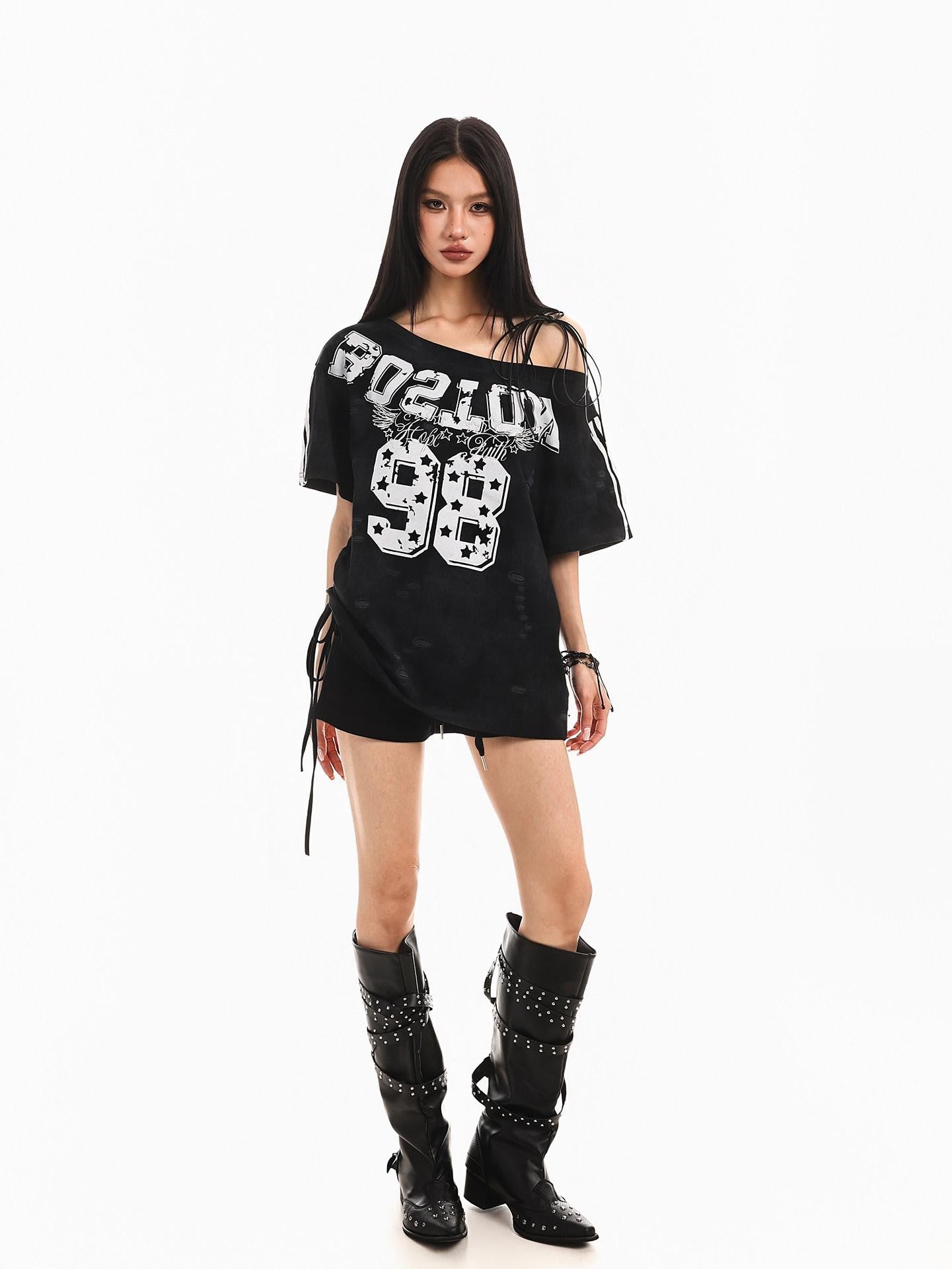 XPKAEAX Retro Print Distressed Tie One Shoulder Women's Breathable Short Sleeve T-shirts