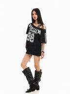 XPKAEAX Retro Print Distressed Tie One Shoulder Women's Breathable Short Sleeve T-shirts